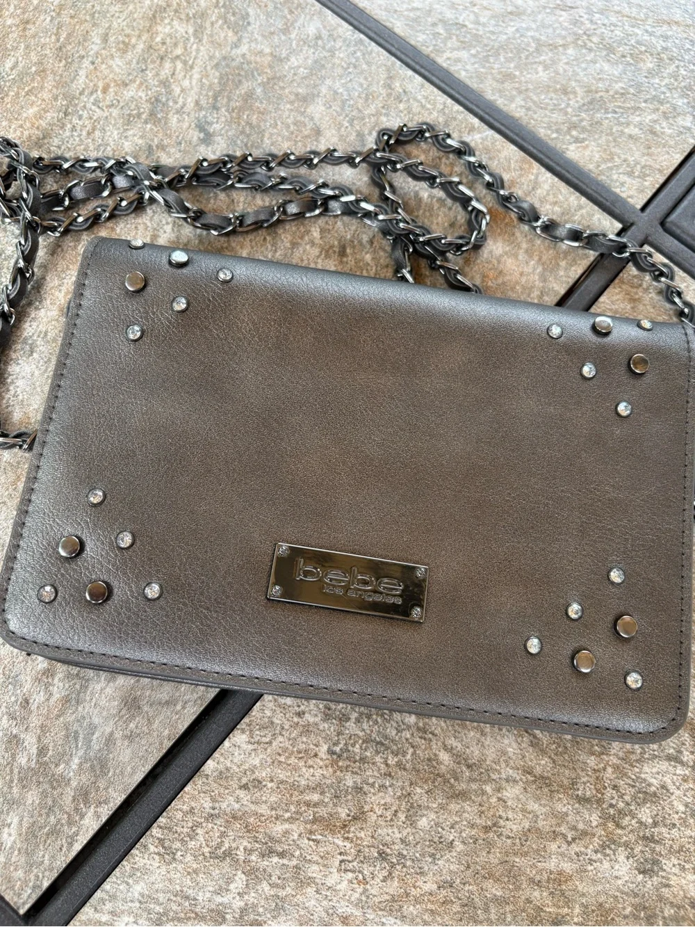 bebe Metallic Gunmetal Gray Studded Crossbody Bag